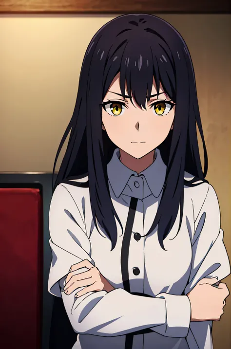 (highest quality, table top, high resolution, anime screen cap, anime colors, official art, black hair, yellow eyes, woman warri...