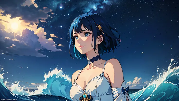 Create a bust-up shot of a smiling girl with a short bob hairstyle, looking towards the sea from a sandy beach. The setting is nighttime with a starry sky above. She should be in profile view. The girl is adorned in a bright blue costume inspired by waves,...