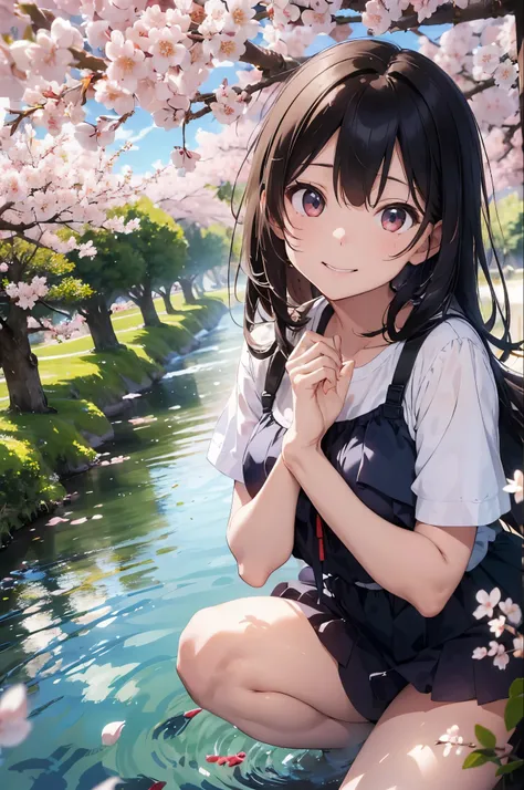 In the background, Rows of cherry blossom trees in full bloom、Pale pink petals falling from the sky。The model is wearing a cute swimsuit to perfection..、smile at the camera、take a pose。her bikini is、In the same color as cherry blossom petals、Symbolizes ele...