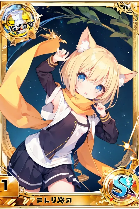 Very beautiful and shining eyes、shining eyes、((1 girl))、small breasts、big mouth、high school girl、small breasts、Cat ear、blonde short hair、scarf、hot pants、transparent clothes、childish clothes、7 year old girl