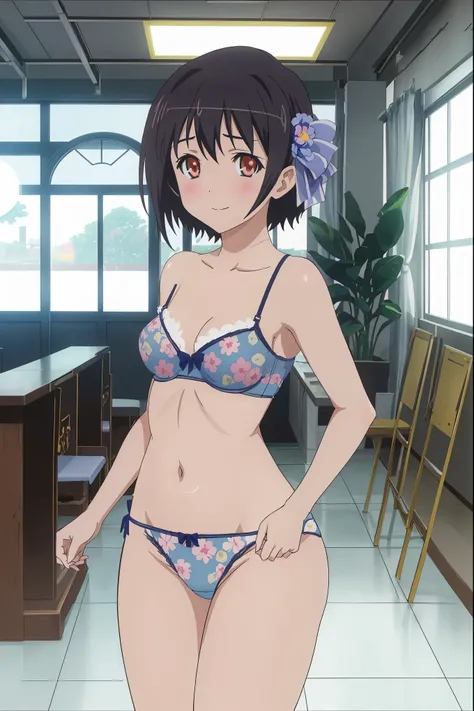 [[anime styled]],[[digitalart]],NSFW,1girl in,classroom,standing,(Portrait),Looking at Viewer,Tomomi_Xijing,black hair,bow ribbon, Short hair,perfect anatomy,Smile,blush,((nude)), ((blue floral panties,blue floral bra,lingerie)),Perfect Lighting,(strong li...