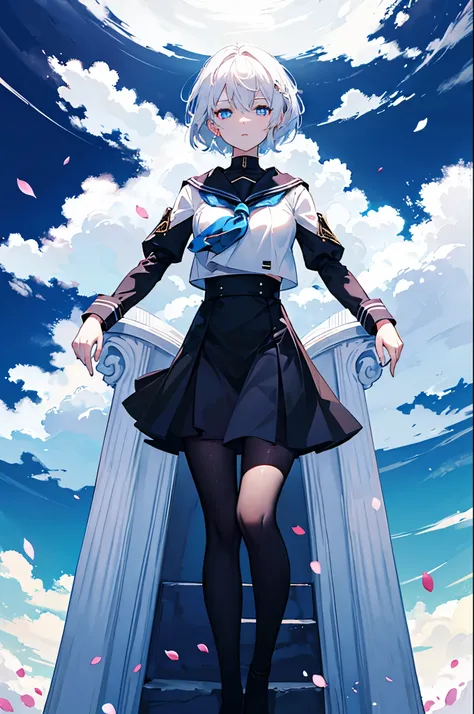 Short white hair blowing in the wind，glowing blue eyes，Petals spilled，masterpiece，Clouds around，throne，Black cuffs，sailor，girl