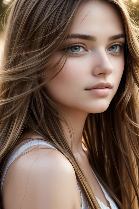 Close-up portrait of a young girl with brown, long and straight hairs framing her pretty 25-year-old face. The natural light illuminates her facial features, casting subtle shadows and highlighting the textures of her hair. The image is captured in ultra-h...