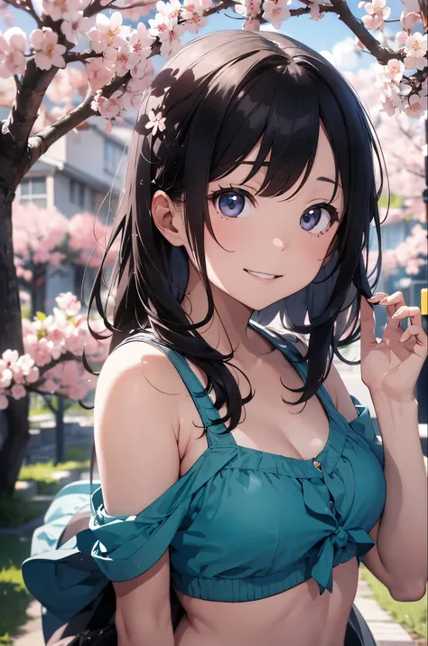 Let&#39;s imagine the scene。In the background, a row of cherry blossom trees in full bloom、Pale pink petals are falling from the sky。The model is perfectly dressed in a cute swimsuit.、Smiling at the camera、Posing。her bikini is、In the same color as cherry b...