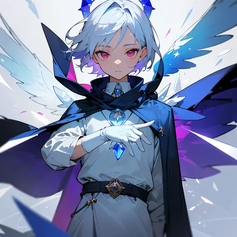 masterpiece, Best quality, The gentleman in the dark blue scarf, dark blue cape as clothing, light skin, white wings, white long gloves, white crystal on the neck in the form of an amulet, white short hair, small wings where ears should be, violet red eyes...