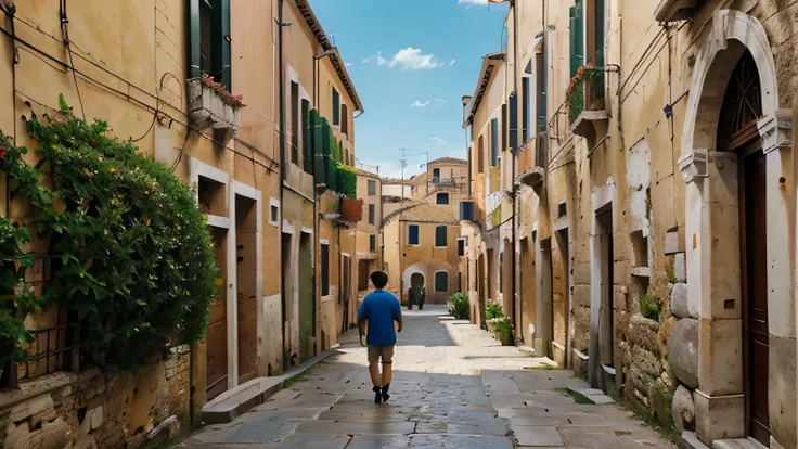 Create a map with a little man walking through the regions of Sicily, Venice, Tuscany and Rome