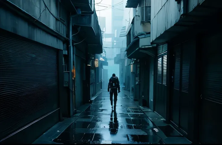 tech noir, calm cyberpunk style, dark cyberpunk atmosphere, blue atmosphere, an empty alley, background only, masterpiece, best ...