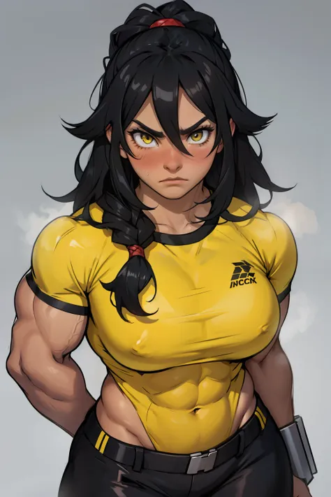 female angry blush solo black hair yellow eys pales skin long hair ((muscular))