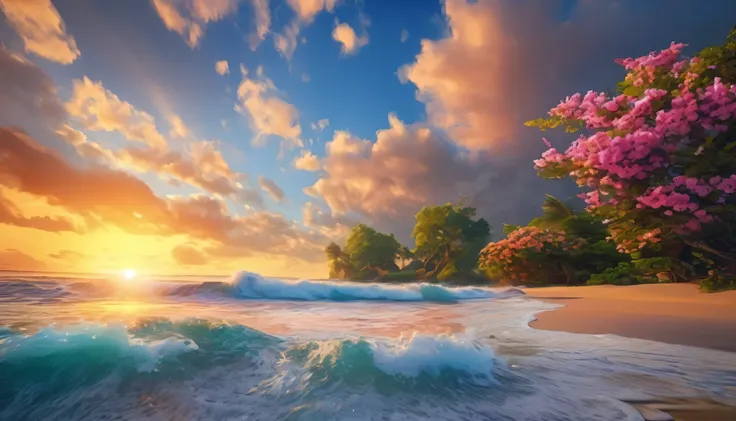 The background of the picture is peaceful by the sunset sea, and the sun was shining brightly, The waves crash against the beach, colorfyl Flowers bloom on the beach, Melodious sound, Strange clouds stand out, first-person view, panorama, UHD,(Best Quality...