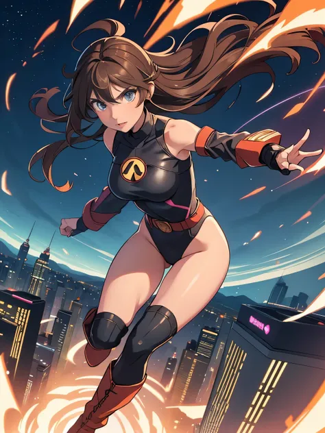 1girl, medium breasts, leotard, bare legs, tight belt, boots, matching boots, gloves, city backdrop, solo, single, full body shot, superhero, beautiful detailed eyes, mature lady, star symbol on chest, brown hair, high leg leotard, spinning her body in rap...