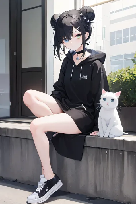 ((Best quality)), ((Masterpiece)), (Detailed), perfect face Tokyo Revengers style, short girl, black hair, black Bright hair, Two bun hair style, hair tied in a buns, The right eye is yellow, Left eye is blue, Two different colored eyes , cute eyes, Calm l...