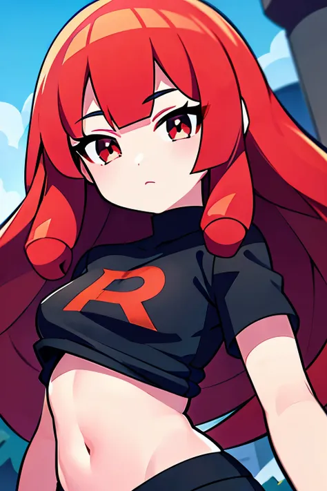 young girl, team rocket shirt, red hair, long hair, curly hair, black circles in eyes, grren eyes, small girl, small breasts,. 4...