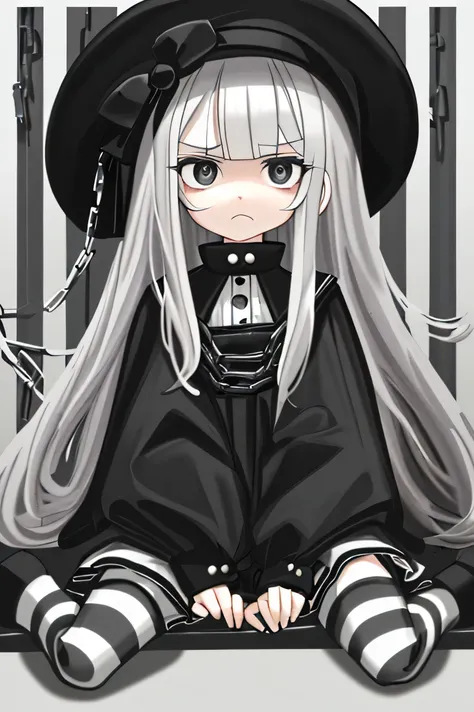  girl with prisoner clothes, with black and white stripes, and a black oval-shaped hat with numbers in the center of the hat. He must have a  facial expression, pouting in a tantrum-like manner looking at the viewer. environment: a cell with bars and her s...