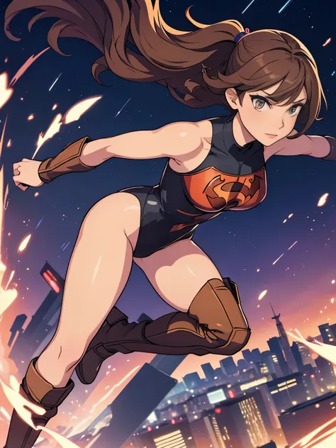 1girl, medium breasts, leotard, bare legs, tight belt, boots, matching boots, gloves, city backdrop, solo, single, full body shot, superhero, beautiful detailed eyes, mature lady, star symbol on chest, brown hair, high leg leotard, spinning her body in rap...