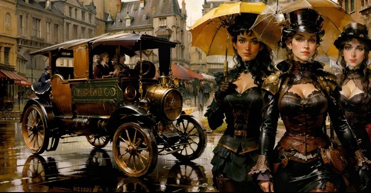 3 beautiful steampunk women with umbrellas in the foreground and a steampumk vehicle in the background in a rainy and wet day by Vincent van Gogh