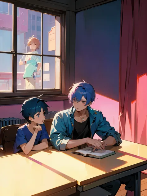 cartoon of two boys sitting at a table with a book and a backpack, ddlc, in the art style of 8 0 s anime, 9 0 s anime style, 90s anime style, in anime style, in an anime style, anime aesthetic, anime vibes, 9 0 s anime aesthetic, 9 0 s anime art style, lof...