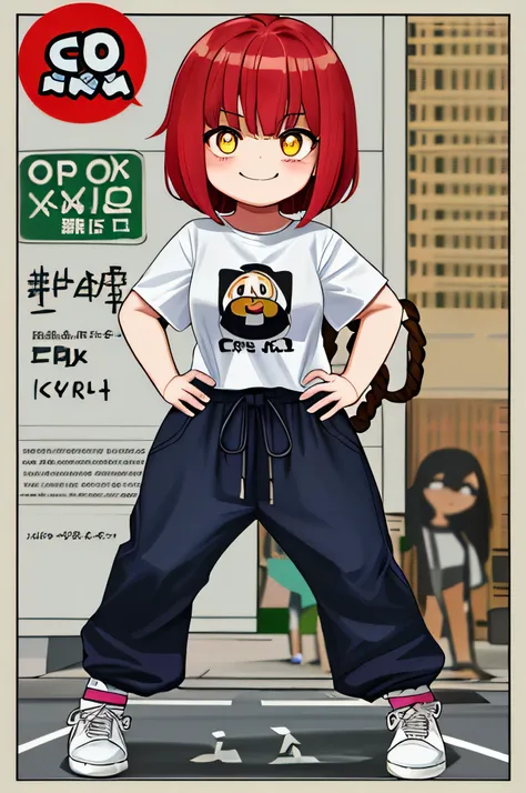 chicha  with wide pants and ropes on the shoulders and very large thighs, a short white t-shirt and the letters "xxx" in the center. She looks like a mischievous and teasing girl, short red hair in the Shaggy Bob style, yellow eyes and brown pupils, with a...