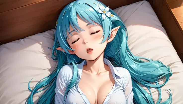 1 elven girl, solo, breasts, look down from above , blush, very long hair, bangs, light blue hair, hair style is twin tails,hair ornament is flower, shirt, long sleeves, large breasts, sleeping together , sleep,open mouth, closed eyes, collarbone, white sh...