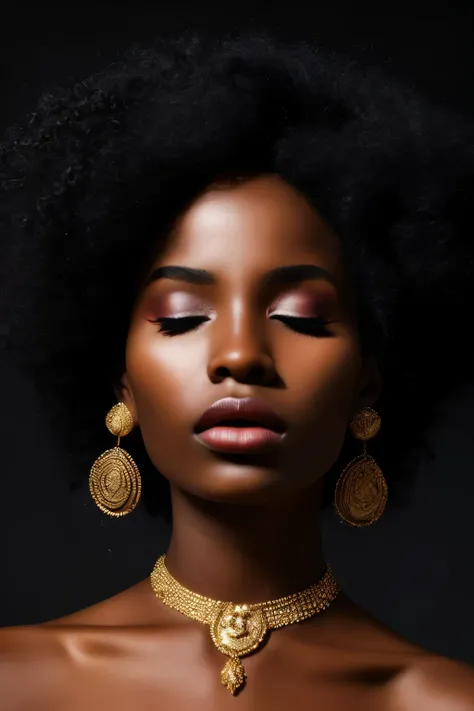 An exquisitely detailed close-up portrait of an enchanting African woman with her eyes delicately closed, adorned with glistening gold earrings and necklaces. Her flawless black skin radiates against the alluring, velvety black background, creating a capti...