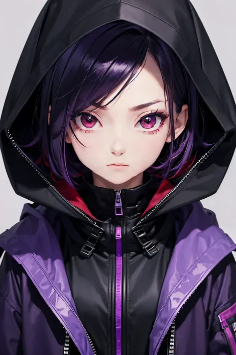 1girl, black short hair, purple outfit, serious, black jacket, ((closed jacket)), hood, black hood, hood up, hooded jacket, red eyes, forehead, emo fashion, red hairclip, upper body, portrait, full-length zipper,