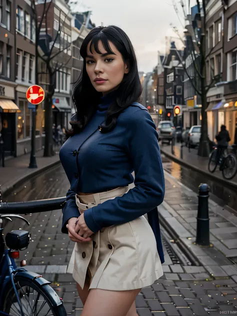 Bettie Page detailed freckles, blue eyes, very slim, very short, posing in Amsterdam, modeling, wearing turtleneck, trench coat,maxy skirt, scarf, The image, realistic hyper-detailed photo captured in stunning Ultra HD, 8k resolution, Nikon D850, — style r...