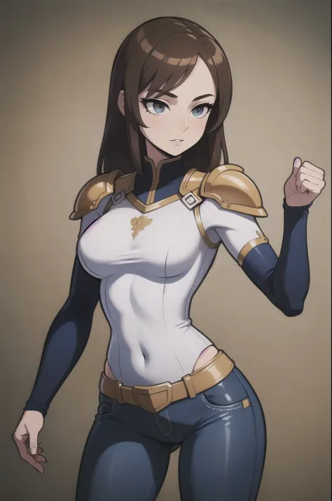 ((Best quality)), ((masterpiece)), (detailed), perfect face perfect figure, blue skinny jeans, Brown hair, Iron Breastplate, girl in blue jeans and iron armor