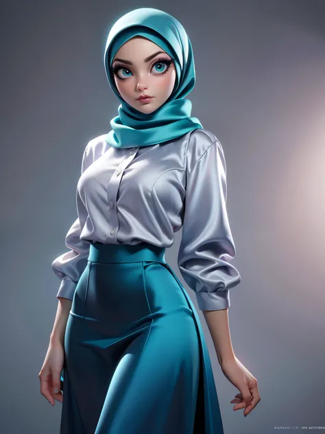 (Masterpiece, best quality) detailed, character sheet, ((a woman, beautifully makeup, eyeshadow, beautiful big eyes, long eye lashes, wearing (Teal satin hijab), ((gray satin shirt)), satin long maxi skirt)), photography, detailed skin, realistic, photo-re...