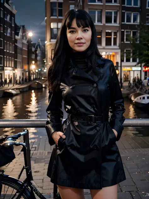 gently smiling Bettie Page detailed freckles, blue eyes, very slim, very short, posing in Amsterdam, modeling, wearing turtleneck, black trench coat,maxy skirt, scarf, The image, realistic hyper-detailed photo captured in stunning Ultra HD, 8k resolution, ...