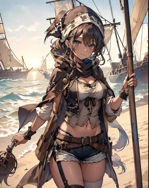 masterpiece, 1girl, sparrow, a black haired girl, wearing a white medieval pirates clothes, curly medium hair, messy hair, slim ...