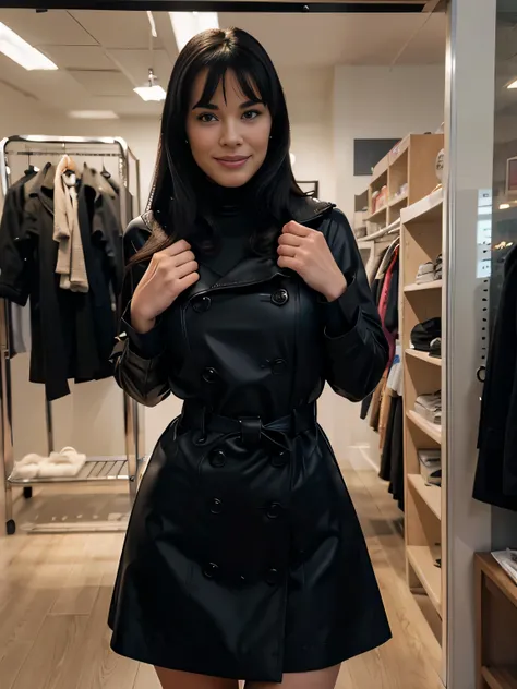 shy smiling Bettie Page detailed freckles, blue eyes, very slim, very short, posing inside a sexy shop, modeling, wearing turtleneck, soft gloves,black trench coat,maxy skirt, scarf, The image, realistic hyper-detailed photo captured in stunning Ultra HD, ...