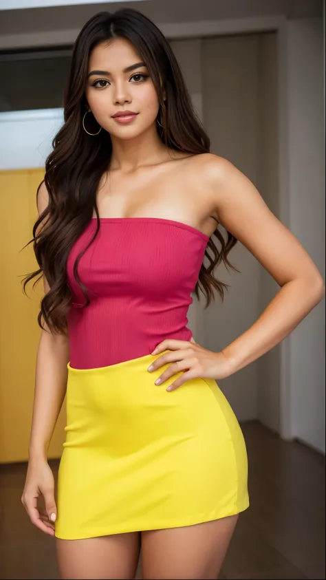 mulher arafa de cintura fina com um vestido rosa e amarelo brilhante posando para uma foto, Cindy Avelino, Isabela Moner, her wardrobe is attractive, vestindo top amarelo, Violeta Myers, vestindo roupas simples e justas, vestido tubinho, vestindo um top fo...