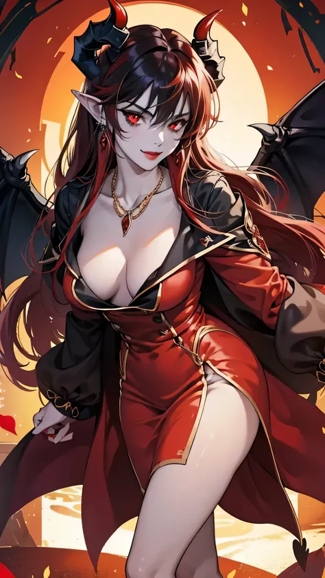 8k, masterpiece, best quality, highly detailed, 1girl, demon girl, Fierna, multicolored hair, long straight hair red highlight hair on black hair, strippled hair, red lipsticks , earrings, necklace, glowing red eyes, glamorous, aristocrat, high heels, pala...