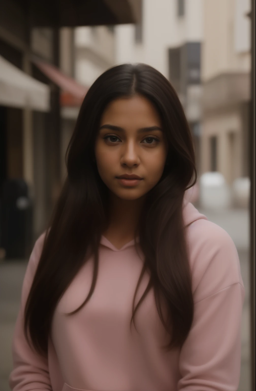 here is a woman in a pink hoodie top posing for a picture,hoodie down,outside,city,long hair, indian girl with brown skin, sexy girl with dark complexion, tanned beauty portrait, sultry digital painting, realistic digital painting, detailed beauty portrait...