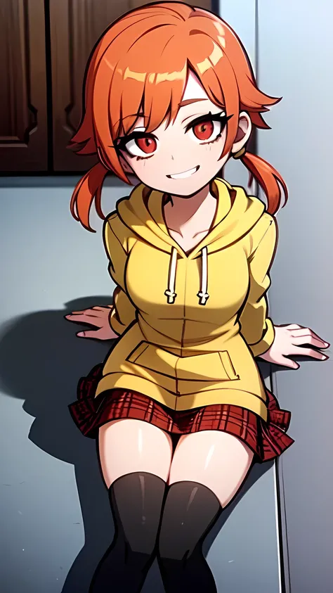 1girl,solo,upper body,looking at viewer,facing viewer,short low twintails,orange hair,red eyes,twin parted bangs,hair pulled back,solid outline,smile,black thighhighs,red plaid skirt,military boots,(((yellow hoodie))),sitting