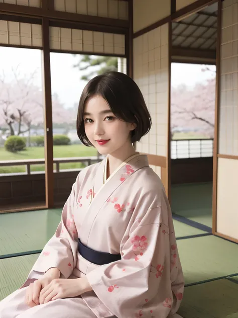 199 (snapdd00-Fp16), Japanese painting, woman, gentle smile, lipstick, short hair, Paintings by Shoen Uemura, Japanese style room, japanese architecture, Japanese garden, cherry blossom pattern