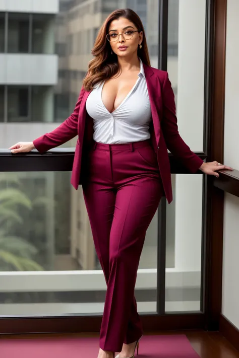 45yo mature milf Aishwarya rai as SEXIEST CORPORATE BOSS LADY, maroon trousers, tight unbuttoned open shirt, ((high heels)), mature curvaceous milf figure, high ponytail, wearing thick frame glasses, posing in balcony, day scene, mature hourglass figure, l...