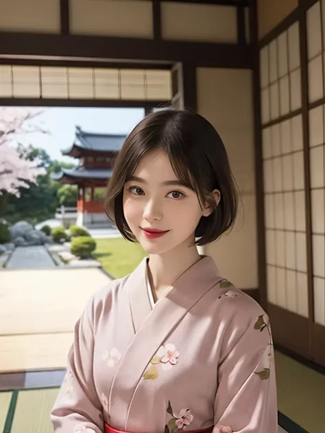199 (snapdd00-Fp16), Japanese painting, woman, gentle smile, lipstick, short hair, Paintings by Shoen Uemura, Japanese style room, japanese architecture, Japanese garden, cherry blossom pattern