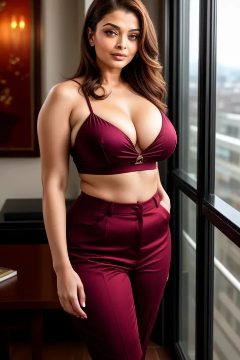 45yo mature milf Aishwarya rai as SEXIEST CORPORATE BOSS LADY, maroon trousers, tight unbuttoned open shirt, ((high heels)), mature curvaceous milf figure, high ponytail, wearing thick frame glasses, posing in balcony, day scene, mature hourglass figure, l...