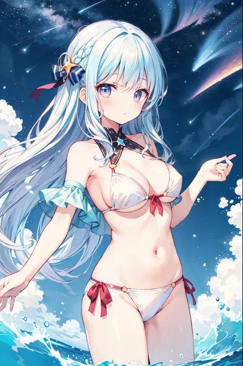 （masterpiece）、(highest quality)、((Super detailed))、(super delicate)、pastel colored hair、beautiful breasts、Eroi Bikini、Sea of night、fantastic starry sky