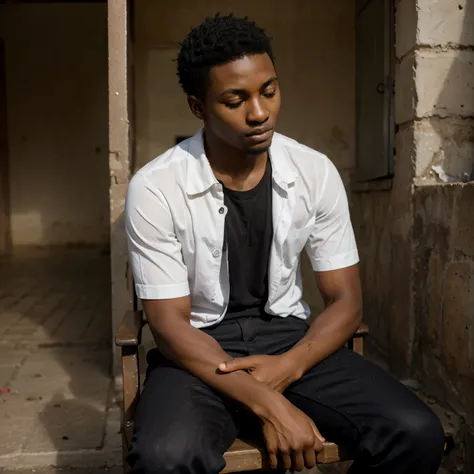 A young black skin gentle boy sitting down thinking in Ghana