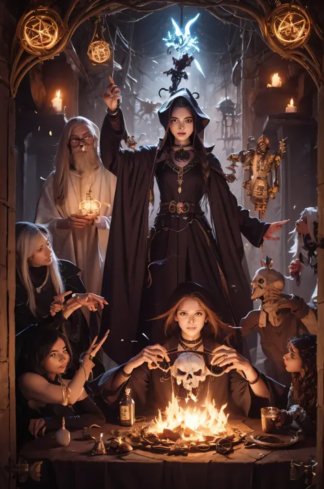 skeleton holding a skull and a key, an arcane wizard casting a spell, wizard casting a spell, female occultist, female mage conjuring a spell, evil male sorcerer