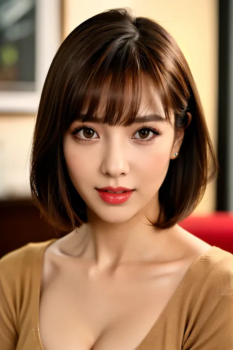 highest quality, table top, 8K, best image quality, one young girl, Perfect V-neck red long knit sweater, red eyeshadow, perfect makeup, long eyelashes, ultra high definition hair, ultra high resolution glossy lips, Super high resolution cute face, brown h...