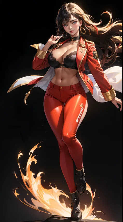 (best quality:1.5, highres, UHD, 4K, detailed lighting, shaders),best quality eyes, perfect hands, perfect finger, black curly haired, gradient hair, big breasts, red bra, big thighs,  big butt, red jacket,  red long pants, mature woman , (pov), black back...