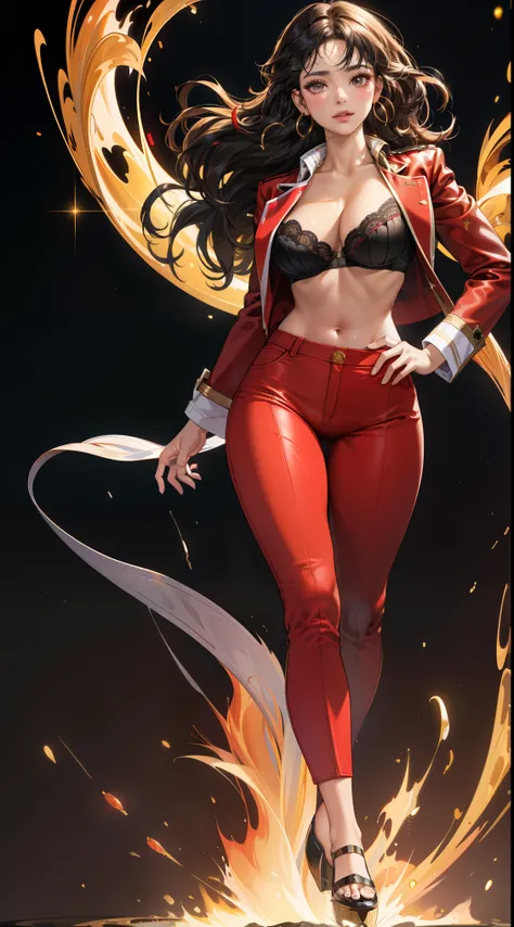 (best quality:1.5, highres, UHD, 4K, detailed lighting, shaders),best quality eyes, perfect hands, perfect finger, black curly haired, gradient hair, big breasts, red bra, big thighs,  big butt, red jacket,  red long pants, mature woman , (pov), black back...