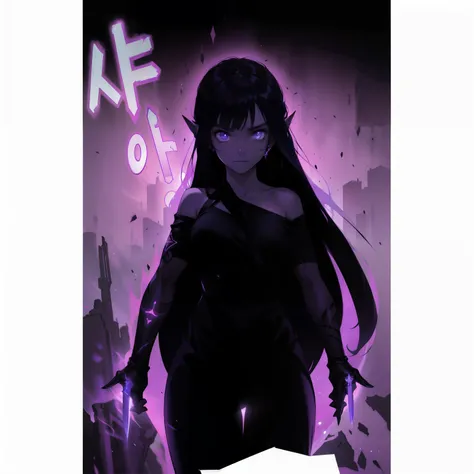 purple and black poster of a woman with long hair and a knife, glowing lens flare wraith girl, glowing black aura, mysterious figure, aura of magic around her, [ conceptual art ]!!, unknown artstyle, ufotable art style, arcane art style, no face, official ...