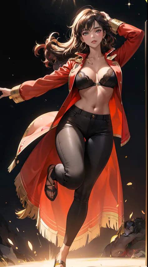 (best quality:1.5, highres, UHD, 4K, detailed lighting, shaders),best quality eyes, perfect hands, perfect finger, black curly haired, gradient hair, big breasts, red bra, big thighs,  big butt, red jacket,  red long pants, mature woman , (pov), black back...