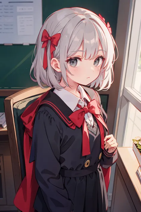 Rozheva has hair, carnation bows, gray , background school
