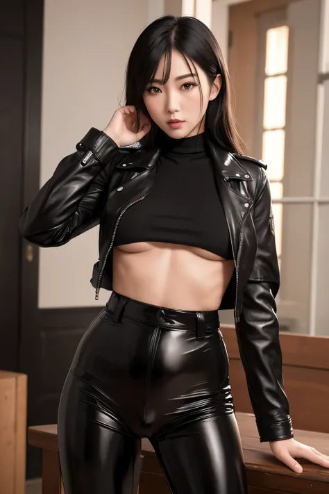 (((Masterpiece))), extremely realistic, vivid details, extremely detailed, 4k, Extremely cute Asian woman, cock bulging in her black leather pants,((bulging leather pants)), (black leather pants), ((cock bulge 1.4)), ((bulging cock)), her cock is bulging i...