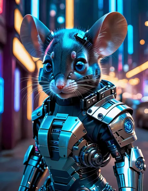 cinematic photo a cute mouse, cyberpunk, science fiction, cyborg, looking at viewer, realistic, blue eyes, lips, black hair, fre...