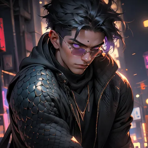 Young Male, Assassin, Hood, White Coat, White Shirt, Cyberpunk, Handsome, Dark Skin, ((Draconic Scales)), Reptilian Arms, Black Hair, ((Shorthair)), Purple Eyes, Ray Band Shades, Menacing, Slim, 3D, Cinematic Lights, Vibrant Colors, Realistic, Tokyo City, ...